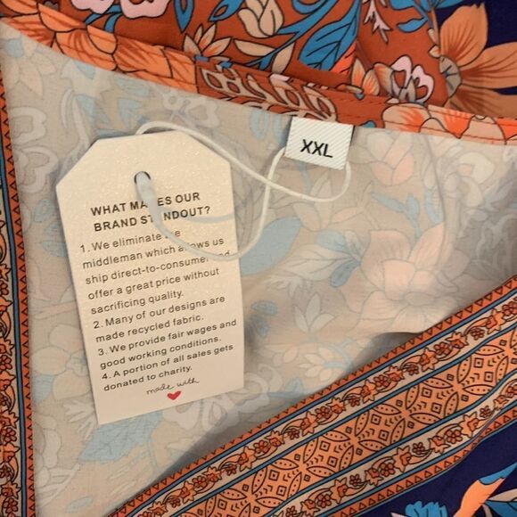 Made With ❤️ Dress Tunic Top V Neck 3/4 Sleeves Elastic Floral Orange Blue XXL - Picture 8 of 10